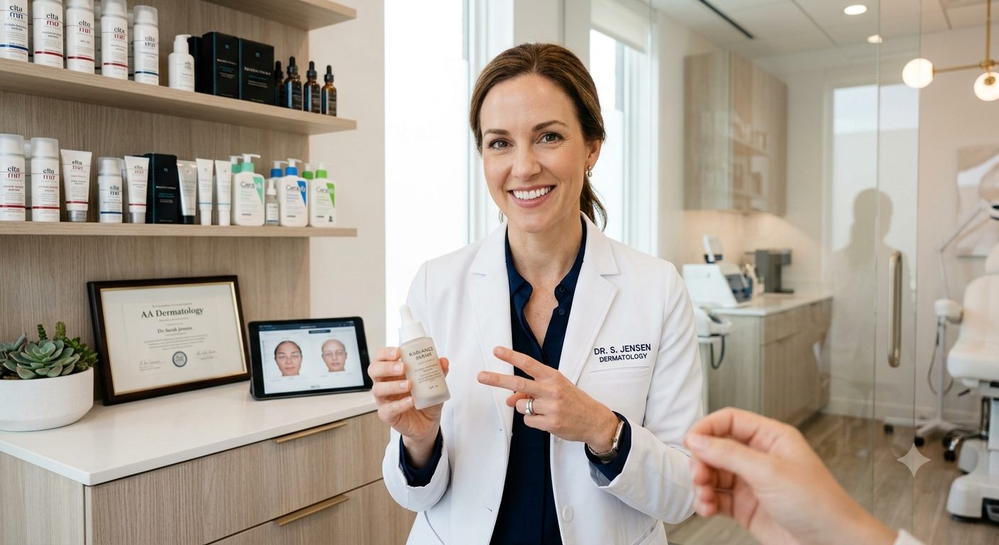 Dermatologist in a white coat holding a vitamin C serum bottle while explaining skincare in a clinic