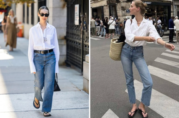 Woman wearing fitted ivory knit top with dark wide-leg jeans and black flip-flops