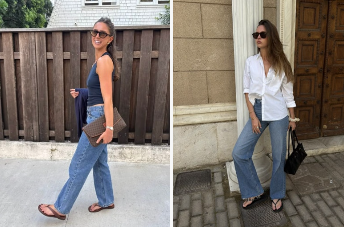 Elegant monochrome white summer outfit with wide-leg jeans and black flip-flops