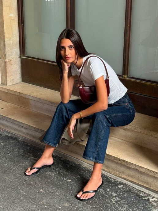 Proper wide-leg jeans length styled with minimalist flat sandals