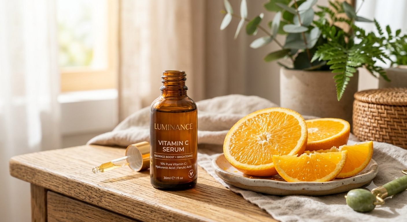 Amber vitamin C serum bottle with dropper next to fresh orange slices on a wooden table